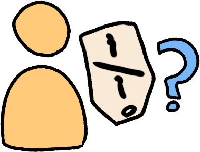 An emoji yellow figure next to a label that has a squiggle, a slash, and then another squiggle. To  the right of the person and label is a light blue question mark.